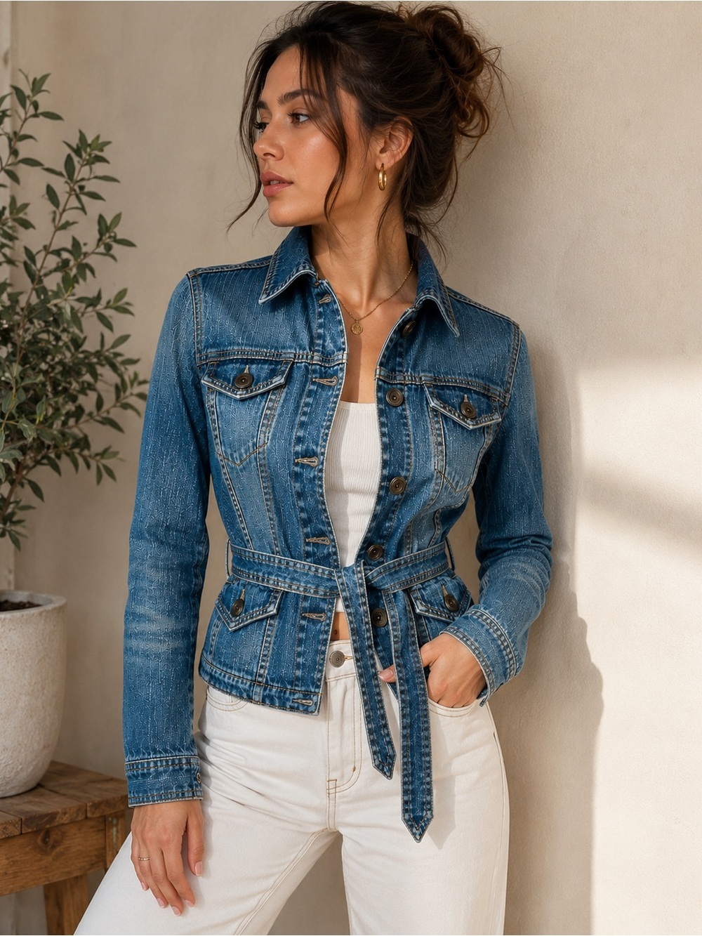 Mexx Belted Denim Jacket Y2K Fitted Jean Jacket US 2